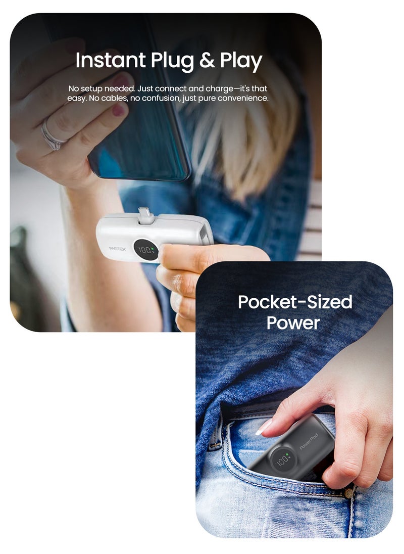 Faster S5K PowerPod, Mini Power Bank- Portable Powerbank LED Display, 20W Fast Charging, USB-C 5000mAh with Attached iPhone Cable- Portable Charger Compatible for iOS and Android- Built-in Connector Extend Power Pack Ultra Small, Ultra Compact Portable Mini Charger for Mobiles and Tablets (White)  - Image 2