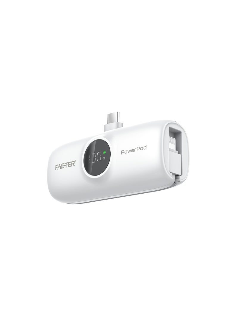 Faster S5K PowerPod, Mini Power Bank- Portable Powerbank LED Display, 20W Fast Charging, USB-C 5000mAh with Attached iPhone Cable- Portable Charger Compatible for iOS and Android- Built-in Connector Extend Power Pack Ultra Small, Ultra Compact Portable Mini Charger for Mobiles and Tablets (White)  - Image 1