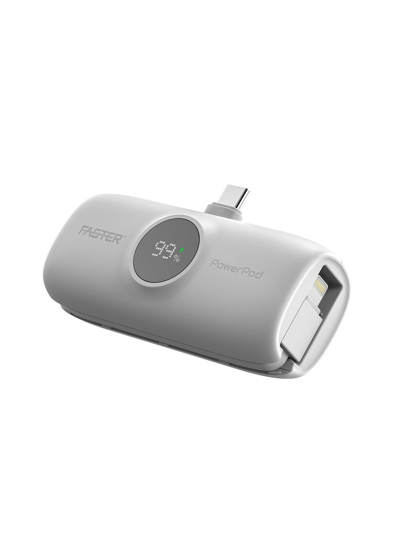 S5K PowerPod, Mini Power Bank- Portable Powerbank LED Display, 20W Fast Charging, USB-C 5000mAh with Attached iPhone Cable- Portable Charger Compatible for iOS and Android- Built-in Connector Extend Power Pack Ultra Small, Ultra Compact Portable Mini Charger for Mobiles and Tablets (White)