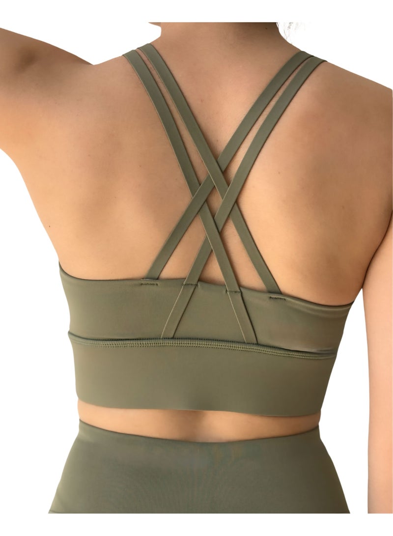 Texcraft Women's Sports Bra with Criss-Cross Back – High Elasticity & Breathable Workout Top-Khak - Image 2