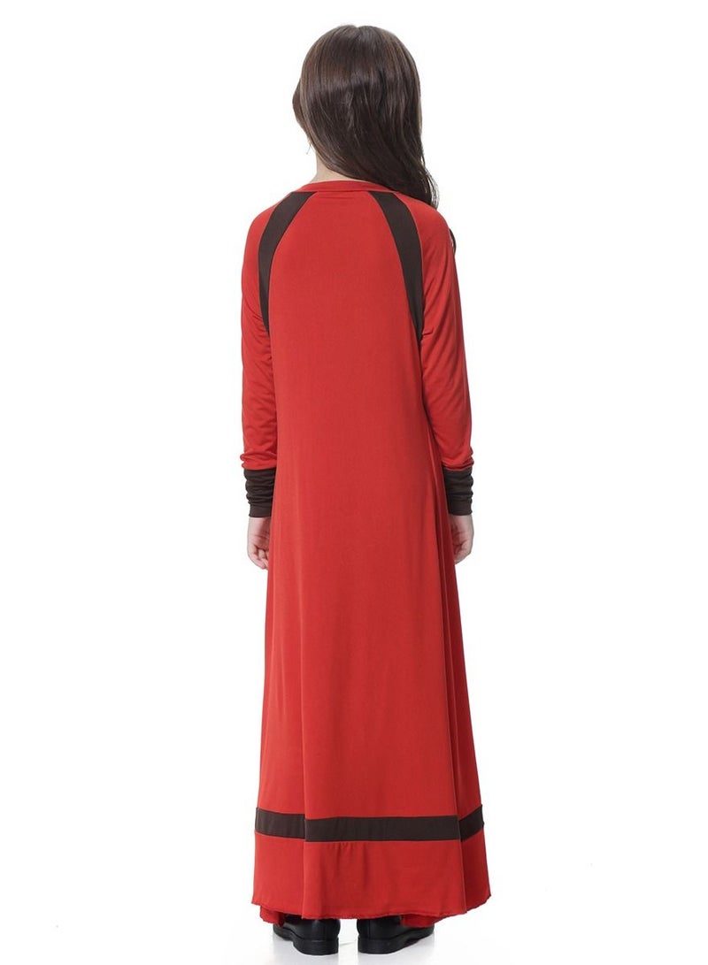 إسكدنيا Girls Round Neck Maxi Dress With Long Sleeves Red/Black  - Image 2