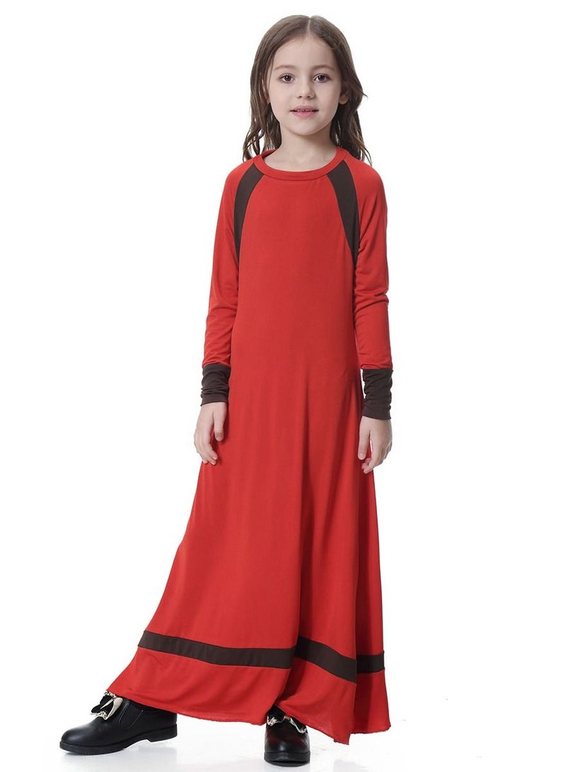 إسكدنيا Girls Round Neck Maxi Dress With Long Sleeves Red/Black  - Image 1