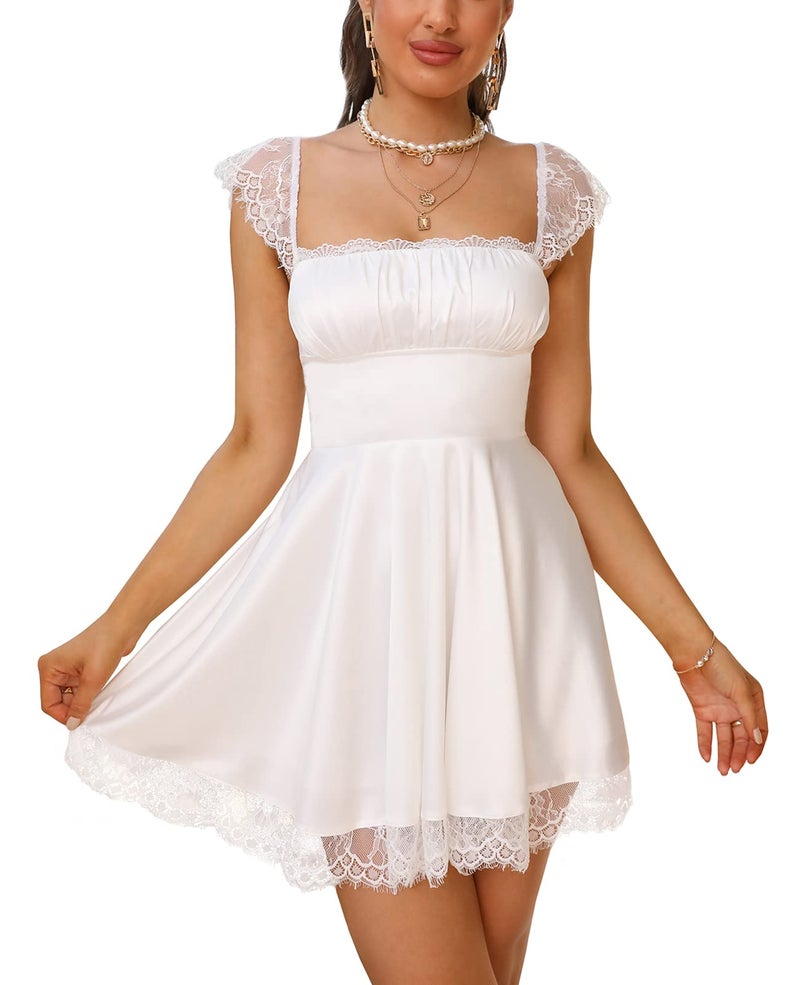 EYNMIN Women's Satin Lace Strap Mini Dress Square Neck Flowy A-Line Ruffle Swing Casual Short Dresses White M - Image 1