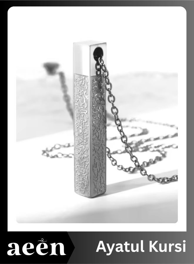 aeen Silver Ayatul Kursi Islamic Cube Pendant Necklace for Men & Women | Arabic Calligraphy Muslim Jewelry | Car Hanging & Gift for Eid - Image 1