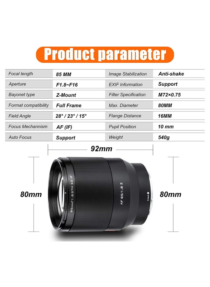 VILTROX - VILTROX 85mm f/1.8 F1.8 STM Full Frame Large Autofocus Photo Lens Compatible with Nikon Z-Mount Z9 Z50 Z7 ii Z6 ii Z7 Z6 Z6 II Z5 - Image 1