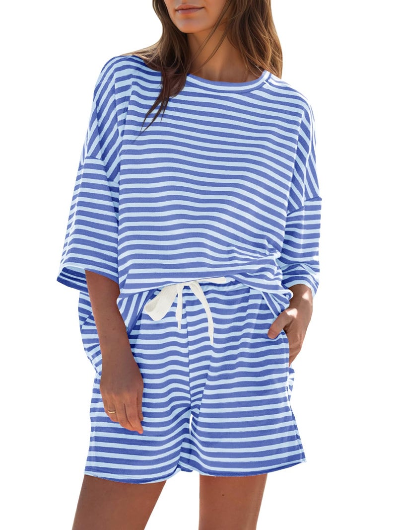 Fisoew Womens Striped Short Sets 2 Piece Outfits Sweatsuits 3/4 Sleeve Pajamas Casual Lounge Sets Blue - Image 1