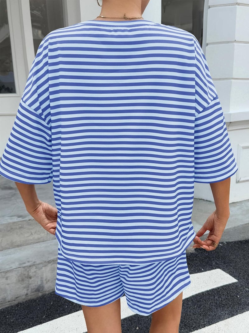Fisoew Womens Striped Short Sets 2 Piece Outfits Sweatsuits 3/4 Sleeve Pajamas Casual Lounge Sets Blue - Image 5
