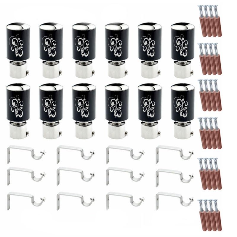 GLOXY ENTERPRISE Stainless Steel Curtain Brackets Parda Holders with Support Fittings 1 Inch Rod Pocket Finials Designer Door and Window Black 6 Pair