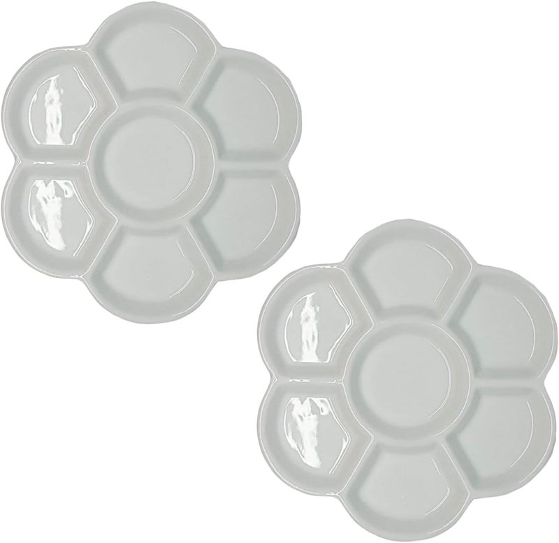 2 7-cell White round washable ceramic palette (suitable for watercolor, gouache, acrylic, oil painting) - Image 1