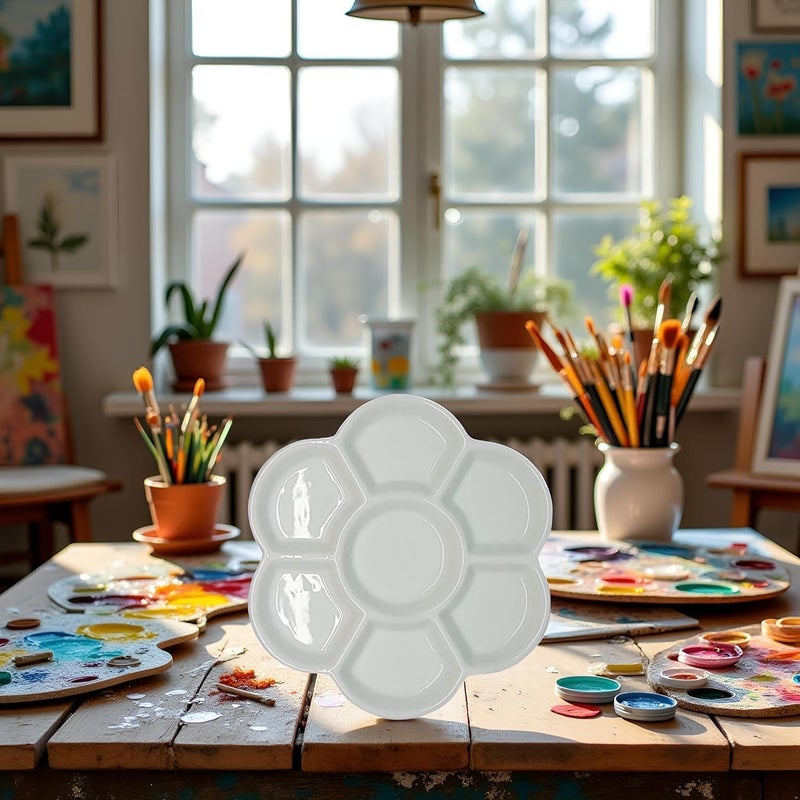 2 7-cell White round washable ceramic palette (suitable for watercolor, gouache, acrylic, oil painting) - Image 3