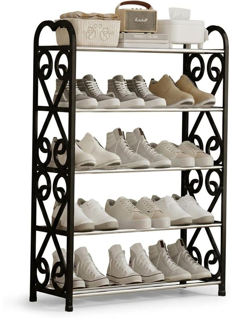 رف أحذية موفر للمساحة مكون من 5 طبقات - خزانة أحذية من الأنابيب الفولاذية 70 × 58 × 19 سم للتخزين في المدخل والردهة وغرفة النوم (أسود) - Image 1