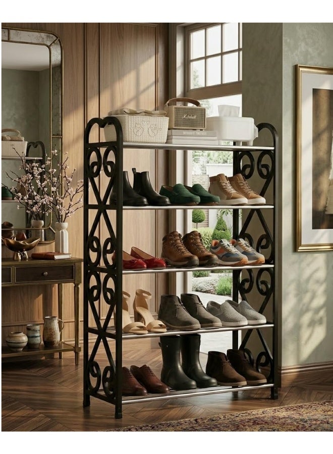 رف أحذية موفر للمساحة مكون من 5 طبقات - خزانة أحذية من الأنابيب الفولاذية 70 × 58 × 19 سم للتخزين في المدخل والردهة وغرفة النوم (أسود) - Image 3