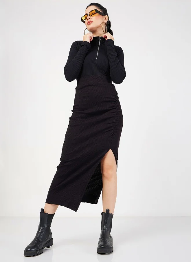 SASSAFRAS Black Ribbed High Neck Fitted Top for Women