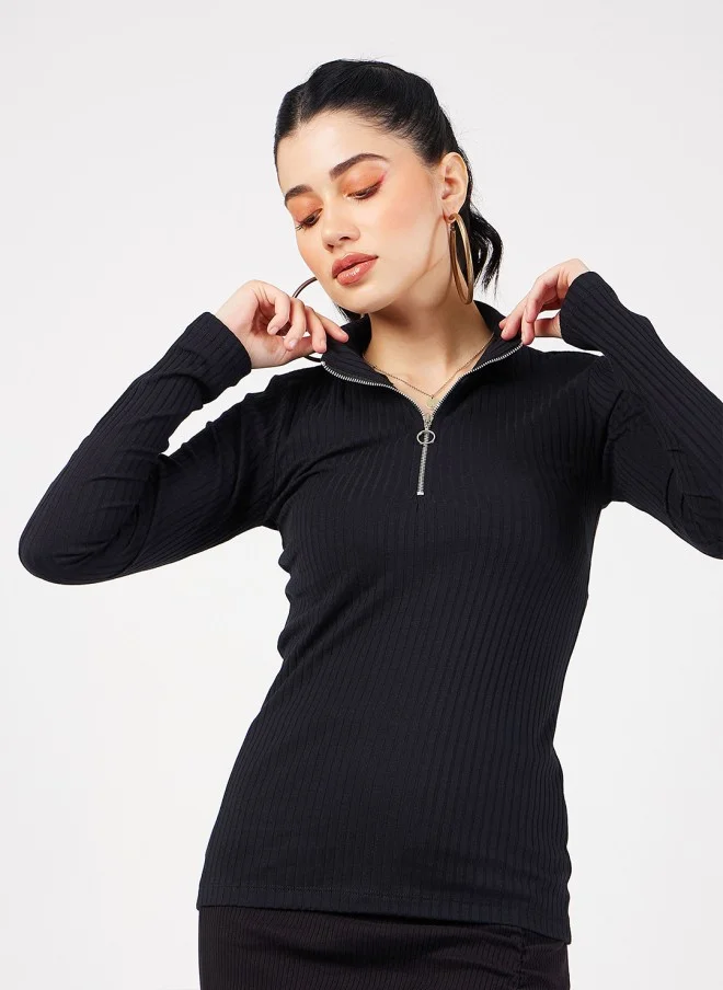 ساسافراس Black Ribbed High Neck Fitted Top for Women