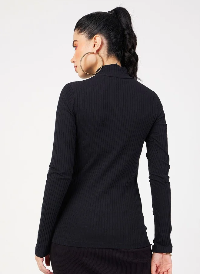 SASSAFRAS Black Ribbed High Neck Fitted Top for Women
