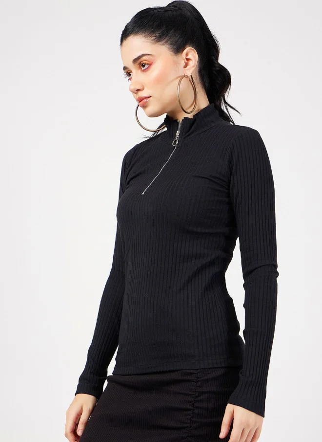 SASSAFRAS Black Ribbed High Neck Fitted Top for Women