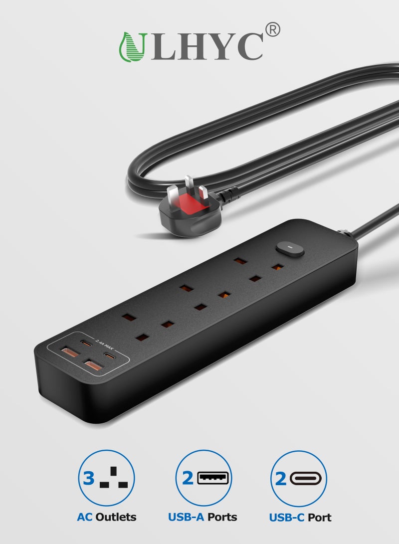 يو إل اتش واي سي محطة شحن USB لسطح المكتب مع سلك تحكم عن بعد بطول مترين، 3 منافذ تيار متردد، منفذان USB-C ومنفذان USB-A، قابس مسطح موفر للمساحة، مادة مقاومة للهب، قابلة للتركيب على الحائط، لون أسود - Image 1