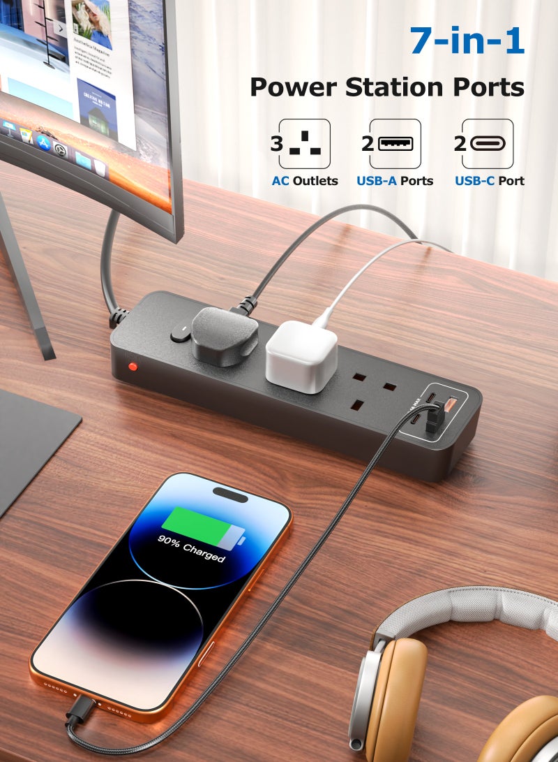 يو إل اتش واي سي محطة شحن USB لسطح المكتب مع سلك تحكم عن بعد بطول مترين، 3 منافذ تيار متردد، منفذان USB-C ومنفذان USB-A، قابس مسطح موفر للمساحة، مادة مقاومة للهب، قابلة للتركيب على الحائط، لون أسود - Image 2