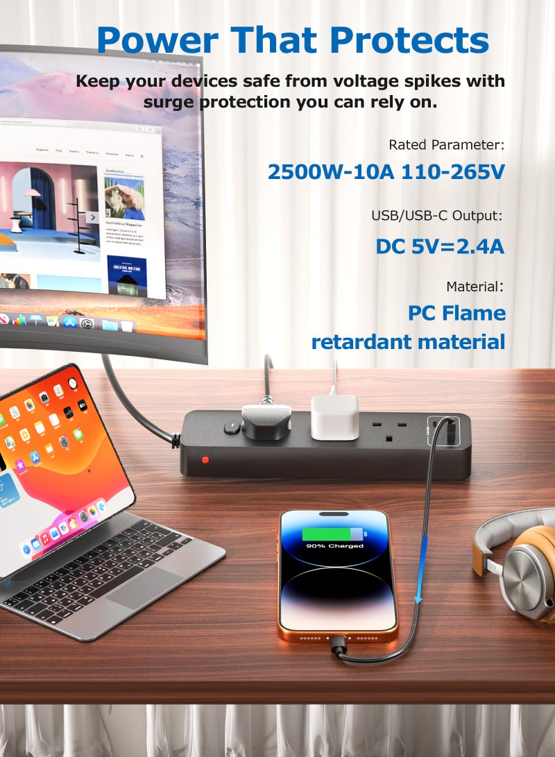 يو إل اتش واي سي محطة شحن USB لسطح المكتب مع سلك تحكم عن بعد بطول مترين، 3 منافذ تيار متردد، منفذان USB-C ومنفذان USB-A، قابس مسطح موفر للمساحة، مادة مقاومة للهب، قابلة للتركيب على الحائط، لون أسود - Image 3