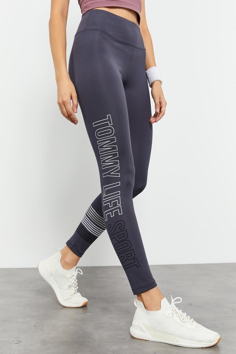 Tommy Life Anthracite Women's High Waist Text Printed Slim Fit Skinny Leg Leggings - 94544  - Image 4