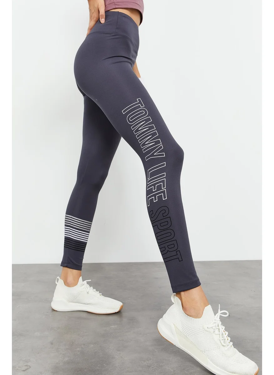 Tommy Life Anthracite Women's High Waist Text Printed Slim Fit Skinny Leg Leggings - 94544