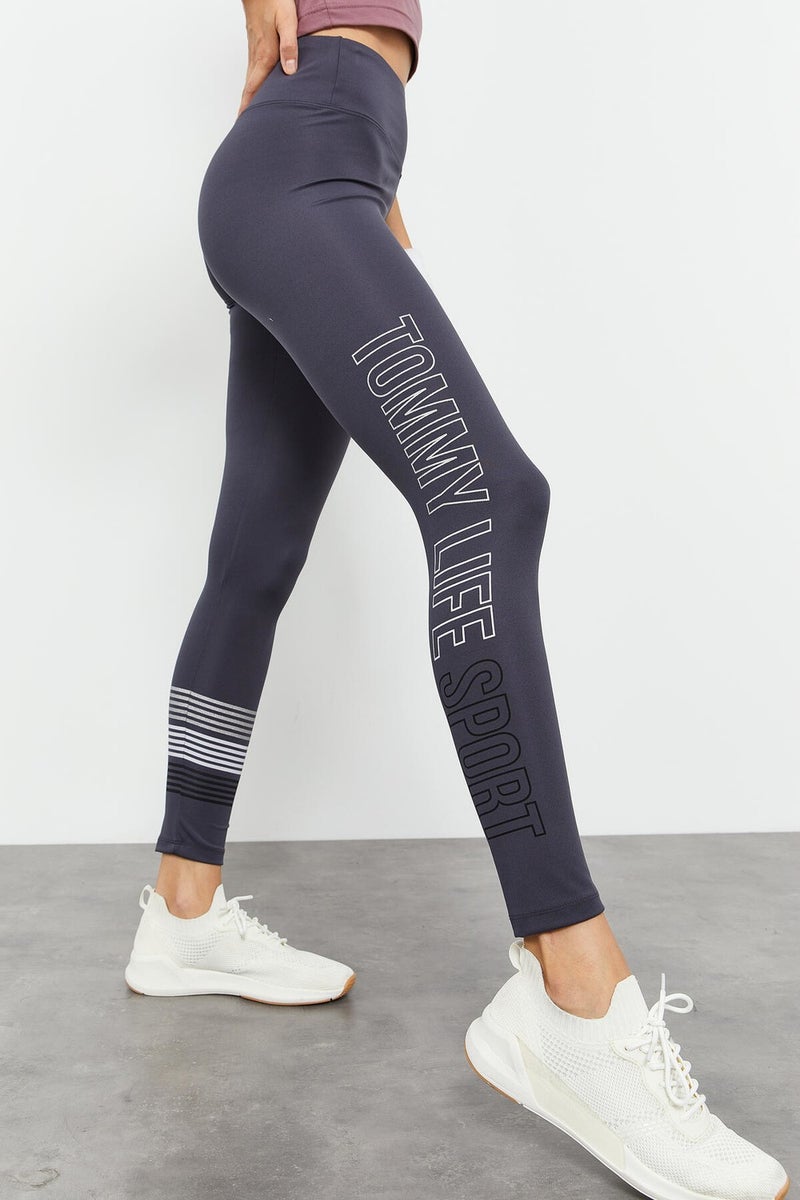 Tommy Life Anthracite Women's High Waist Text Printed Slim Fit Skinny Leg Leggings - 94544  - Image 2