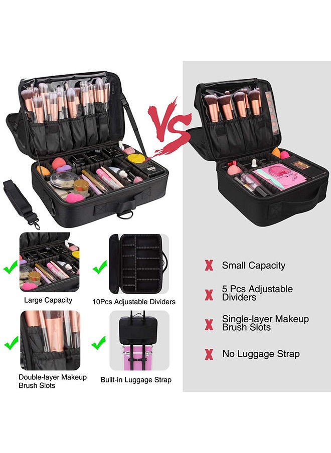 Arabest - Makeup Bag Travel Makeup Train Case 15.7 inches Large Cosmetic Case with Adjustable Dividers and Shoulder Strap Black - Image 1