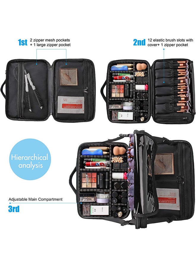 Arabest - Makeup Bag Travel Makeup Train Case 15.7 inches Large Cosmetic Case with Adjustable Dividers and Shoulder Strap Black - Image 1