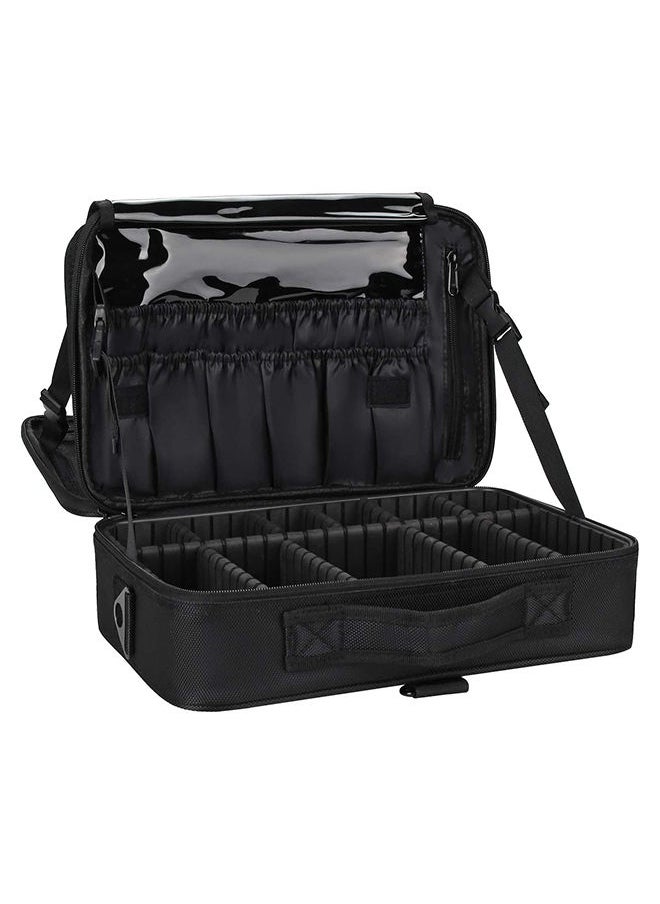 Arabest - Makeup Bag Travel Makeup Train Case 15.7 inches Large Cosmetic Case with Adjustable Dividers and Shoulder Strap Black - Image 1
