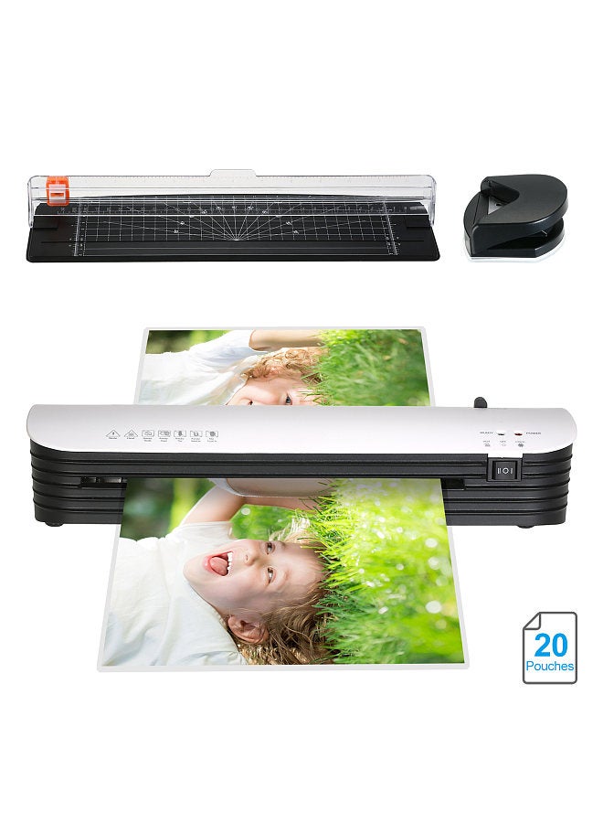 SL299 Laminator Machine Set A4 Size Hot and Cold Lamination 2 Roller System with 20 Laminating Pouches Paper Cutter Corner Rounder ABS Button for Home Office School Supplies