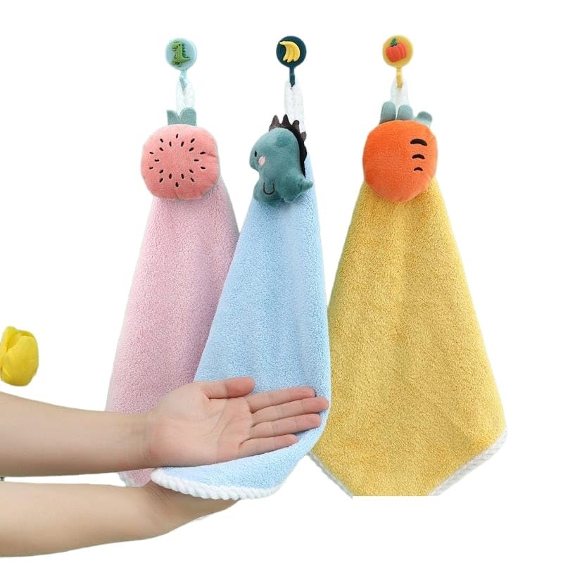 Outlay Home Cute kids Cotton Multicolor Super Absorbent Loop Hanging Napkin|Hand Towel for Washbasin & Kitchen - 38”x25,Pack of 3 - Image 1