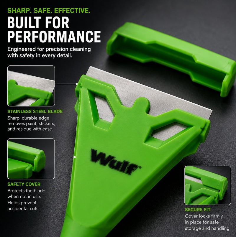 Wulf Window Scraper Heavy Duty Glass Cleaning Scraper with Safety Cover Stainless Steel Blade for Removing Paint Stickers Glue Dirt from Windows Mirrors Tiles & Glass Surfaces - Image 3