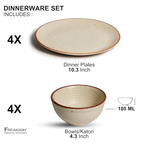 Freakway Cream Matte Finish Handcrafted Dinner Set Ceramic Stoneware Dinner Set of 8 Pieces | 4 Dinner Plates & 4 Serving Bowl | Dishwasher & Microwave Safe - Off White - Image 3