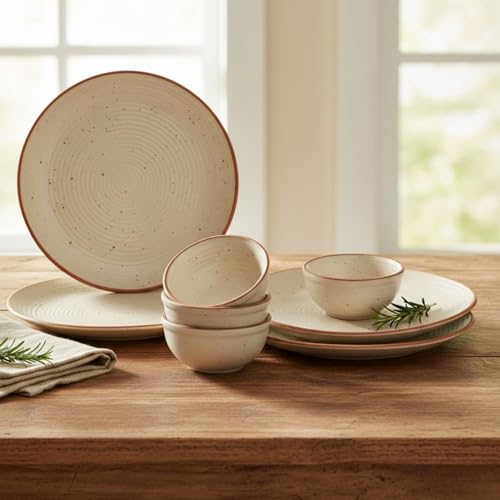 Freakway Cream Matte Finish Handcrafted Dinner Set Ceramic Stoneware Dinner Set of 8 Pieces | 4 Dinner Plates & 4 Serving Bowl | Dishwasher & Microwave Safe - Off White - Image 2