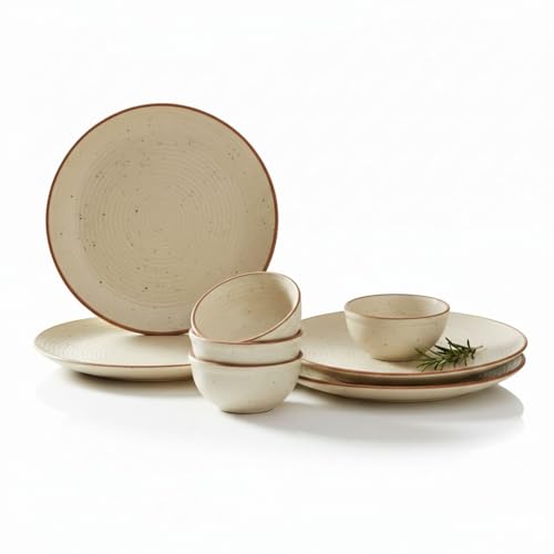 Freakway Cream Matte Finish Handcrafted Dinner Set Ceramic Stoneware Dinner Set of 8 Pieces | 4 Dinner Plates & 4 Serving Bowl | Dishwasher & Microwave Safe - Off White - Image 1
