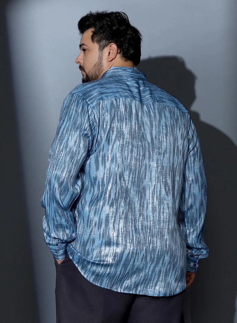 Instafab Plus  Instafab Plus Men Contrast-Abstract Imprint Shirt | Spread Collar , Long Cuffed Sleeves | Button Closure , Curved Hem | Abstract Print Plain | Woven Fabric For Party & Evening Wear | Sky Blue for Men | Best Price UAE