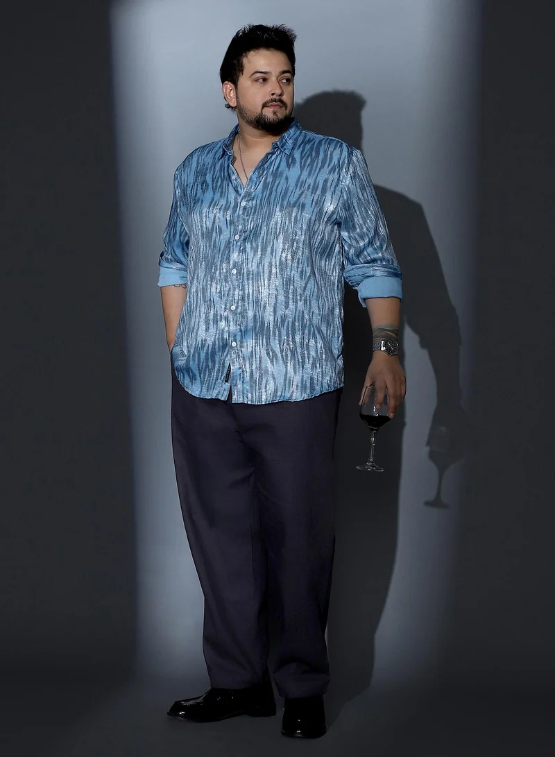 Instafab Plus  Instafab Plus Men Contrast-Abstract Imprint Shirt | Spread Collar , Long Cuffed Sleeves | Button Closure , Curved Hem | Abstract Print Plain | Woven Fabric For Party & Evening Wear | Sky Blue for Men | Best Price UAE