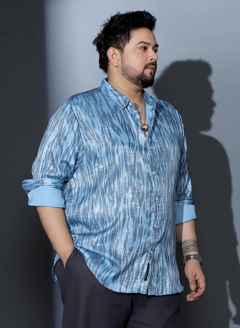 Instafab Plus  Instafab Plus Men Contrast-Abstract Imprint Shirt | Spread Collar , Long Cuffed Sleeves | Button Closure , Curved Hem | Abstract Print Plain | Woven Fabric For Party & Evening Wear | Sky Blue for Men | Best Price UAE