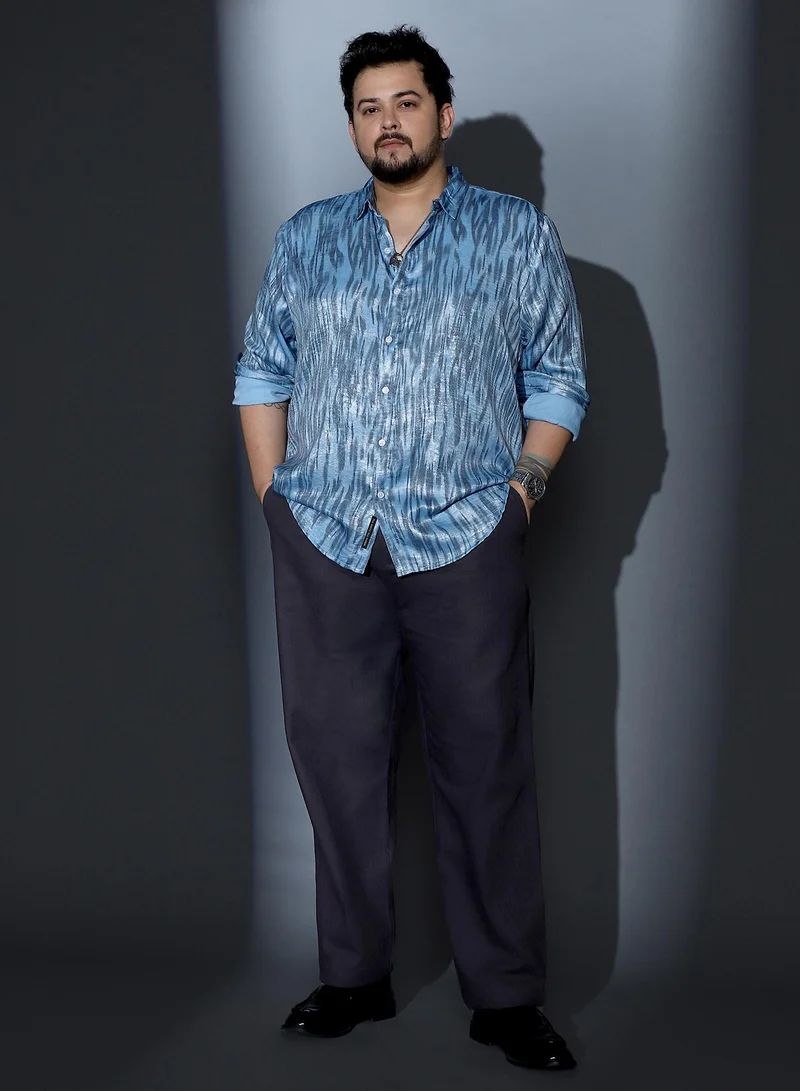 Instafab Plus  Instafab Plus Men Contrast-Abstract Imprint Shirt | Spread Collar , Long Cuffed Sleeves | Button Closure , Curved Hem | Abstract Print Plain | Woven Fabric For Party & Evening Wear | Sky Blue for Men | Best Price UAE