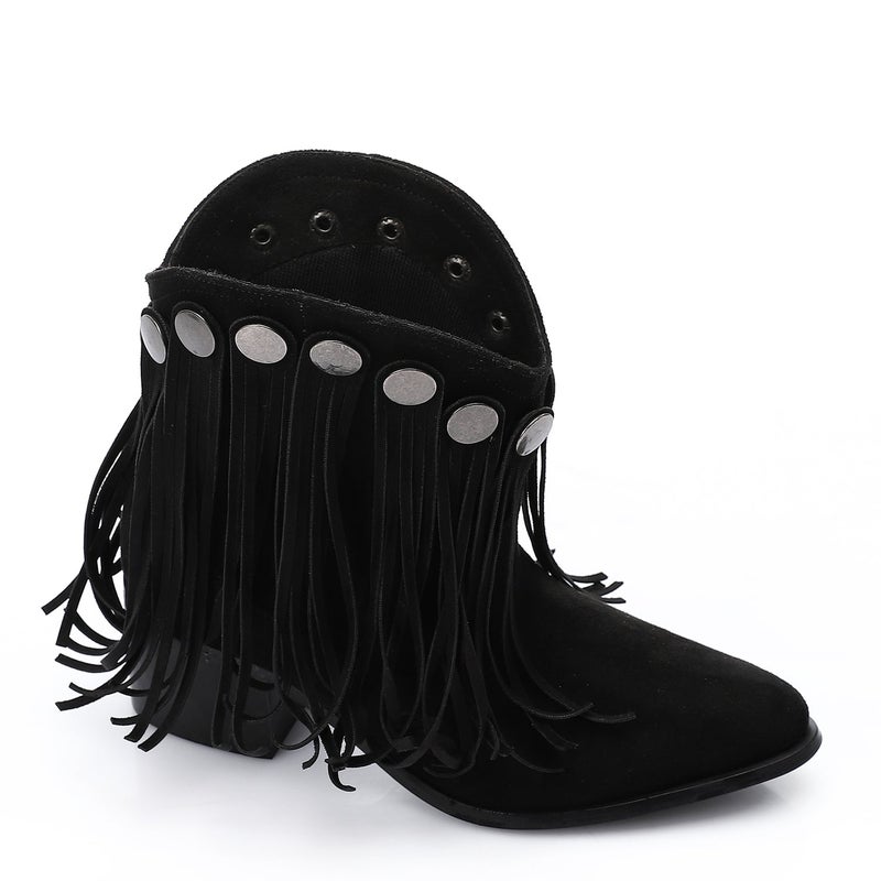 مستر.جو هاف بوت غربي مزين بشراشيب - اسود - Image 1