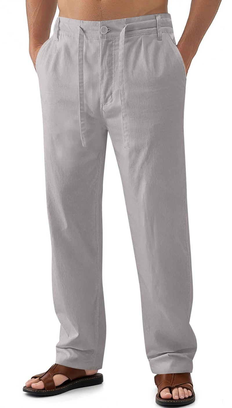 Janmid Men Casual Beach Trousers Linen Summer Pants (Dark Grey, 2XL) - Image 1