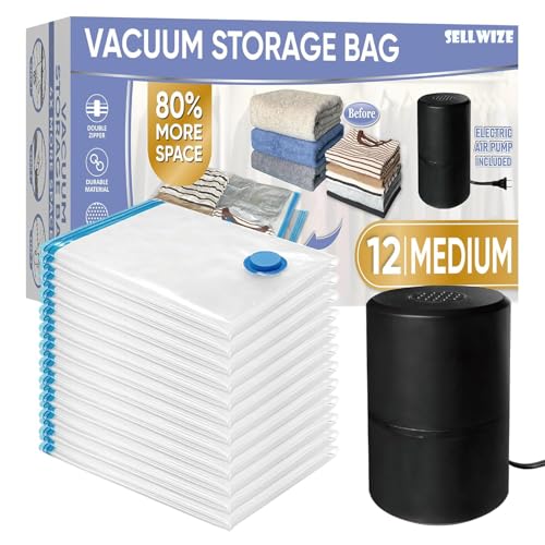 SELLWIZE PA,PE Vacuum Storage Bags with Electric Air Pump, 12 Medium (27.5x19,5in), Space Saver Bags with Pump, Storage Vacuum Sealed Bags for Clothes, Comforters, Blankets, Bedding, Black - Image 1