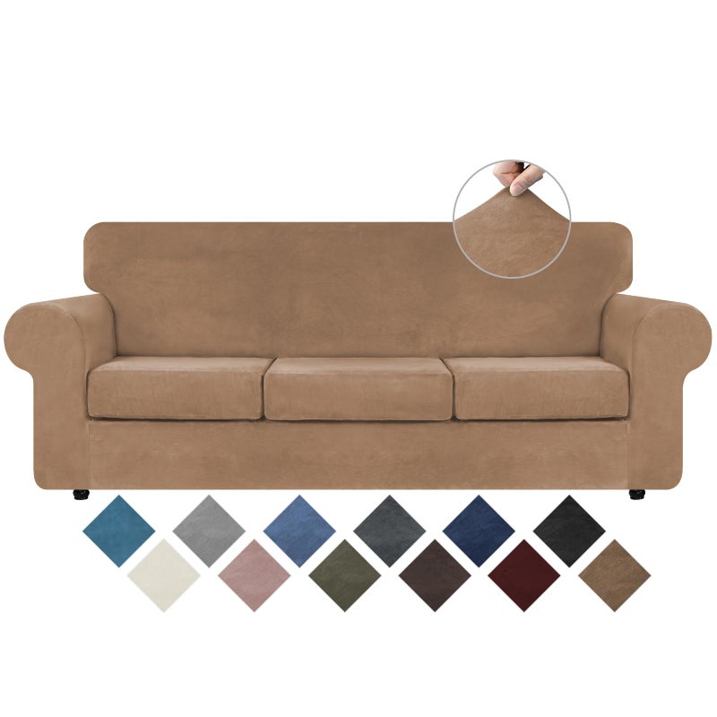 WEERRW 4 Pieces Polyester and Spandex High Stretch Couch Covers for 3 Cushion Couch Sofa Slipcovers, Furniture Protector with Non Slip Elastic Bottom, Feature Soft and Thick Plush Fabric, Camel, Large - Image 1