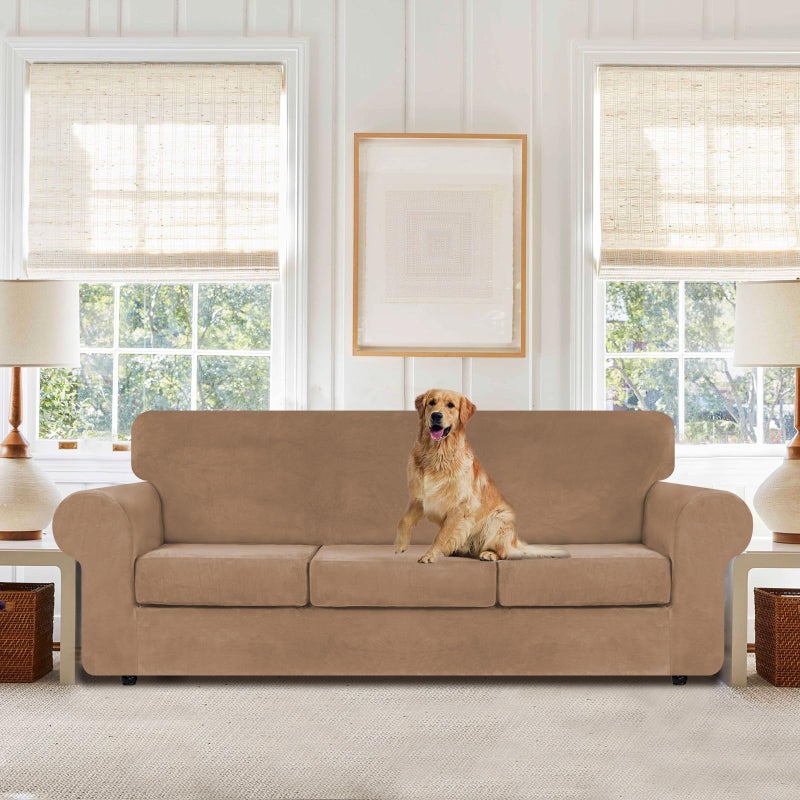 WEERRW 4 Pieces Polyester and Spandex High Stretch Couch Covers for 3 Cushion Couch Sofa Slipcovers, Furniture Protector with Non Slip Elastic Bottom, Feature Soft and Thick Plush Fabric, Camel, Large - Image 2