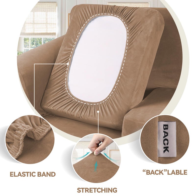 WEERRW 4 Pieces Polyester and Spandex High Stretch Couch Covers for 3 Cushion Couch Sofa Slipcovers, Furniture Protector with Non Slip Elastic Bottom, Feature Soft and Thick Plush Fabric, Camel, Large - Image 3