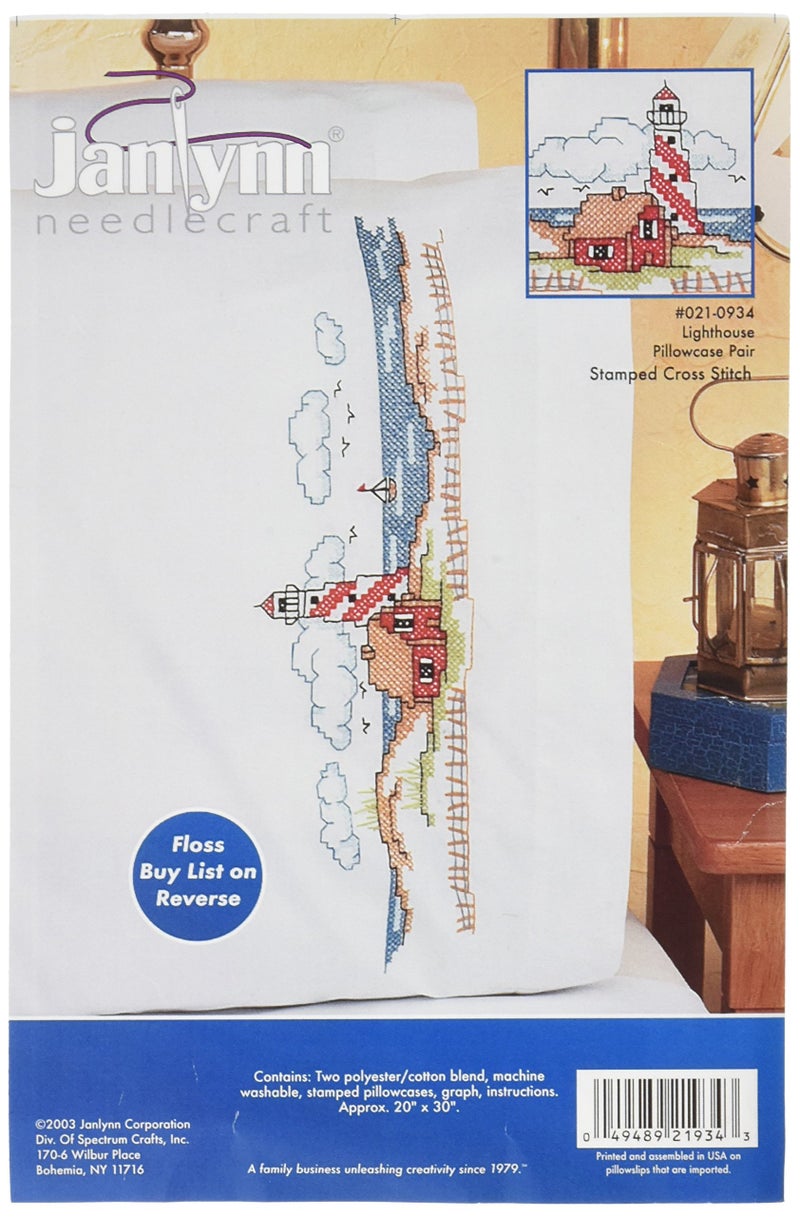Janlynn 265786 Stamped Cross Stitch Pillowcase Pair 20"X30", Lighthouse - Image 1