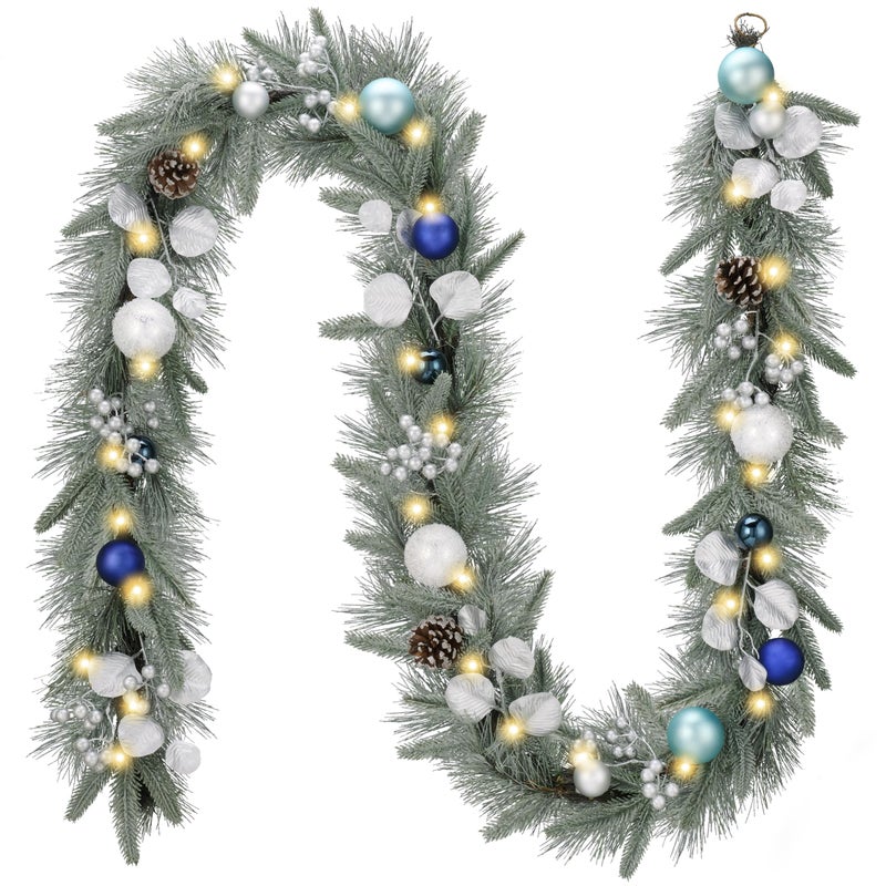 Valery Madelyn غارلاند عيد الميلاد المضيء بطول 9 أقدام من فاليري مادلين مع ضوء للمدفأة غارلاند عيد الميلاد يعمل بالبطارية مع كرات فضية وزرقاء لمدخل الباب الأمامي وموقد النار وزينة الطاولة في الهواء الطلق وزينة النوافذ وزينة المنزل