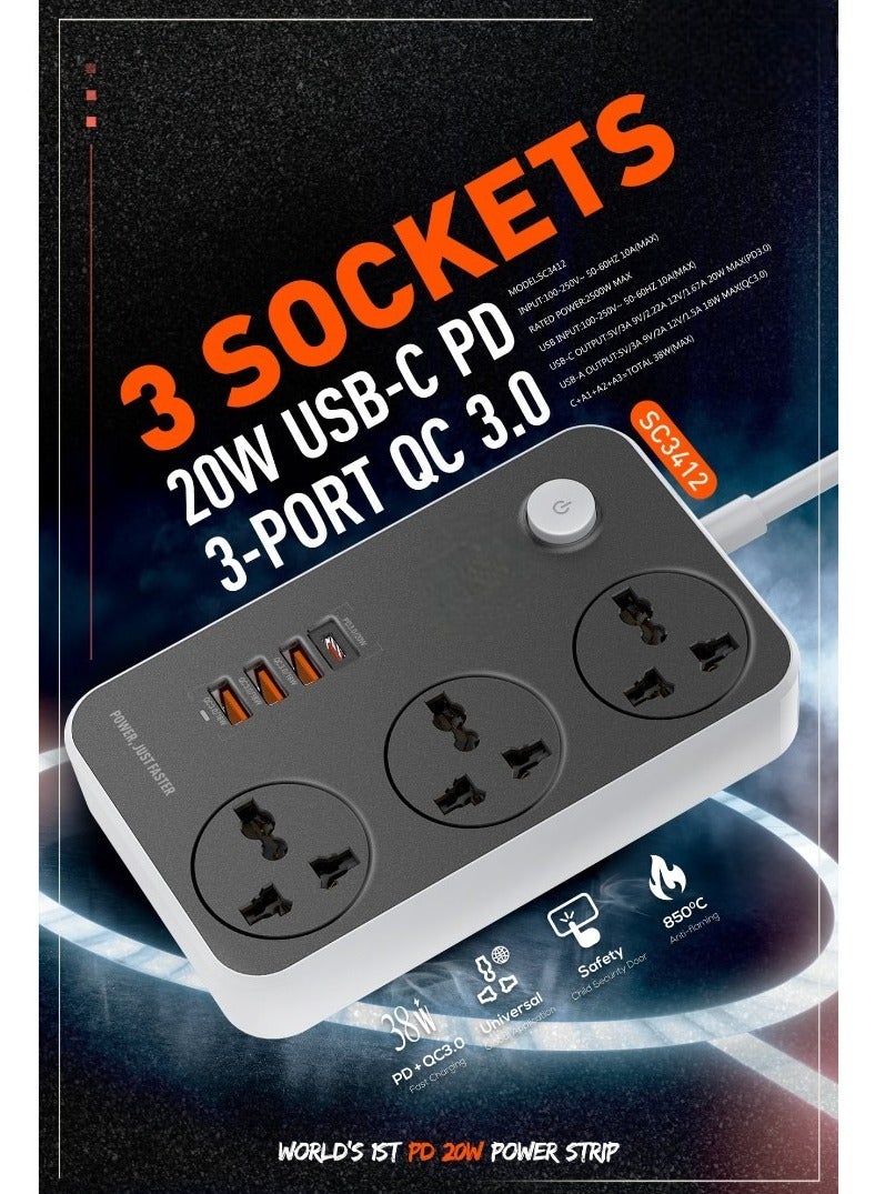 مشترك كهرباء مع 3 مقابس تيار متردد PD TYPE C و3 منافذ USB QC 3.0 لشاحن سامسونج أبل هواوي XIAOMI OPPO VIVO REALME - Image 3