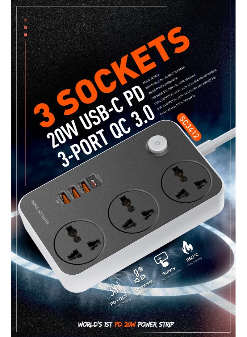 مشترك كهرباء مع 3 مقابس تيار متردد PD TYPE C و3 منافذ USB QC 3.0 لشاحن سامسونج أبل هواوي XIAOMI OPPO VIVO REALME - Image 5