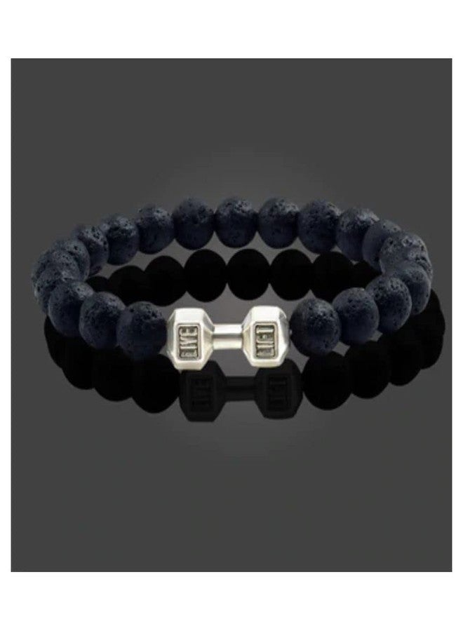 EDMIRIA Natural Black Matte Agate Lava Onyx Semi Precious Stones Dumbbell Charm Reiki Chakra Healing Crystal Fengshui 8mm Gemstones Beads Bracelet for Men & Women (Lava - Silver) (lab certified) - Image 3